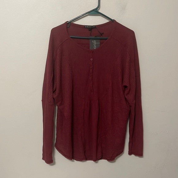 NWT Gibsonlook Waffle Knit Long Sleeve Henley Top Burgundy Size L - Picture 2 of 4